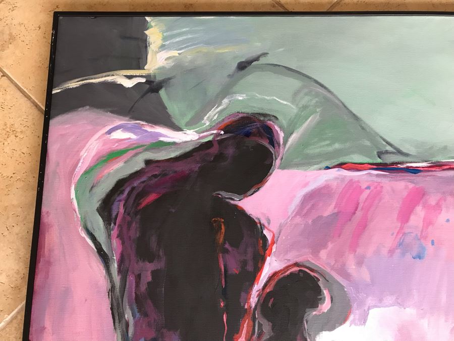 Original Jean Klafs Framed Abstract Expressionist Painting On Canvas Titled 'Moon Night Bathers' 36' X 36' [Photo 11]