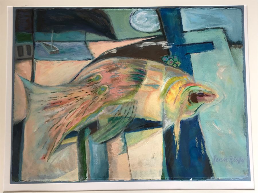 Original Jean Klafs Framed Abstract Expressionist Painting On Paper Titled 'Moon Fish' 40' X 32'