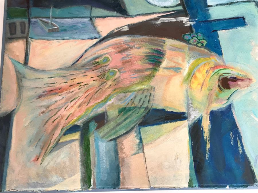 Original Jean Klafs Framed Abstract Expressionist Painting On Paper Titled 'Moon Fish' 40' X 32' [Photo 11]