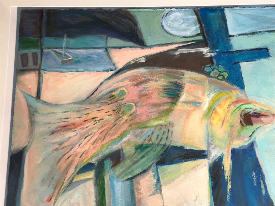 Original Jean Klafs Framed Abstract Expressionist Painting On Paper Titled 'Moon Fish' 40' X 32' [Photo 12]