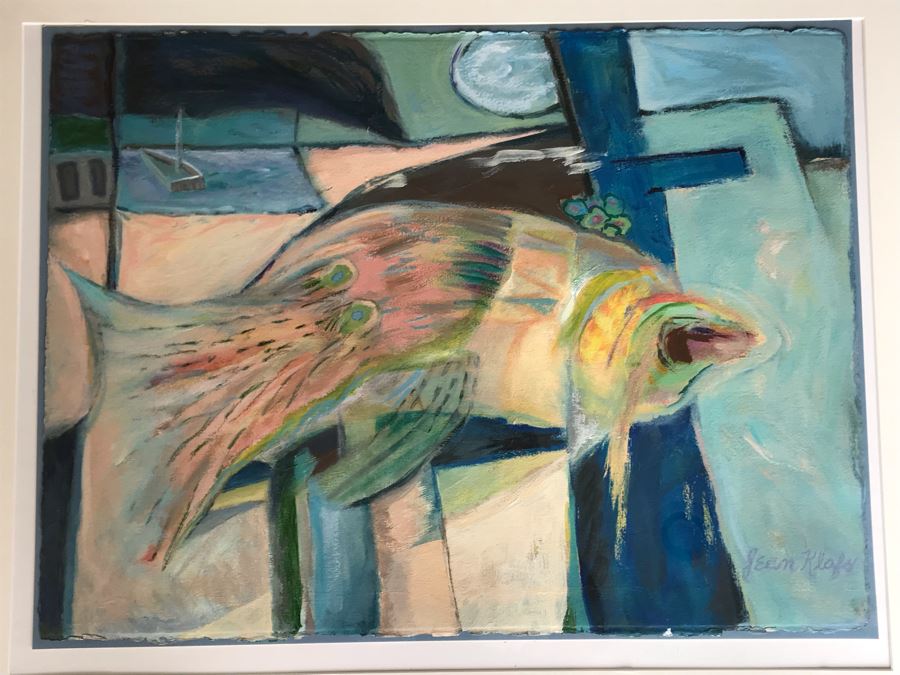 Original Jean Klafs Framed Abstract Expressionist Painting On Paper Titled 'Moon Fish' 40' X 32' [Photo 4]