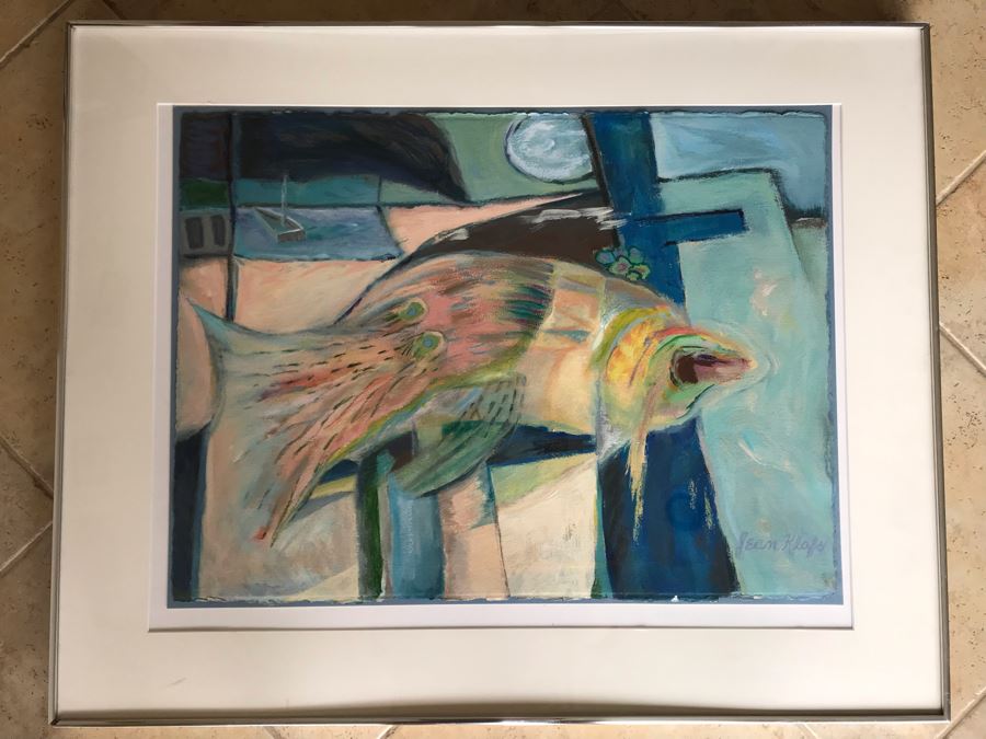 Original Jean Klafs Framed Abstract Expressionist Painting On Paper Titled 'Moon Fish' 40' X 32' [Photo 3]