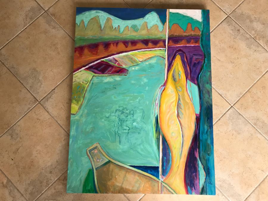 Original Jean Klafs Abstract Expressionist Painting On Canvas Titled 'Fish Out Of Water III' 36' X 48' [Photo 3]