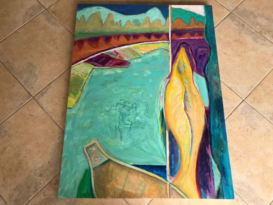 Original Jean Klafs Abstract Expressionist Painting On Canvas Titled 'Fish Out Of Water III' 36' X 48' [Photo 4]