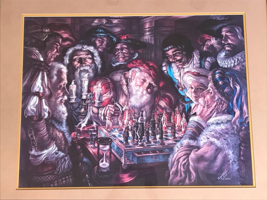 Virginia Dan Hand Signed Framed Artist Proof Collotype Titled 'Sevententh Move' Featuring Chess Players (Attended Chouinard Art Institute) California Artist 30 X 23 [Photo 1]
