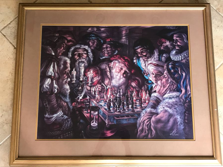 Virginia Dan Hand Signed Framed Artist Proof Collotype Titled 'Sevententh Move' Featuring Chess Players (Attended Chouinard Art Institute) California Artist 30 X 23 [Photo 2]