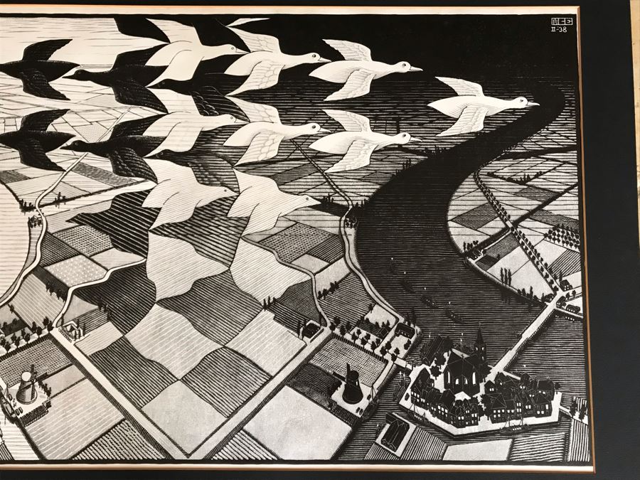 Vintage 1970 Framed M. C. Escher Poster Titled 'Day And Night / Tag Und Nacht) Publishe By G. W. Breughel Hattem Holland 32 X 19 [Photo 5]