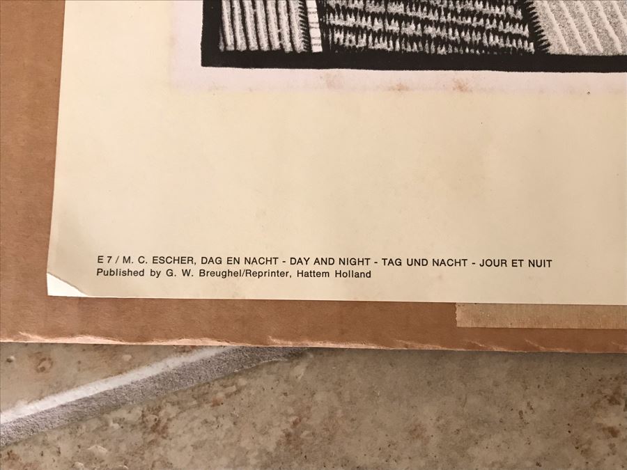 Vintage 1970 Framed M. C. Escher Poster Titled 'Day And Night / Tag Und Nacht) Publishe By G. W. Breughel Hattem Holland 32 X 19 [Photo 11]