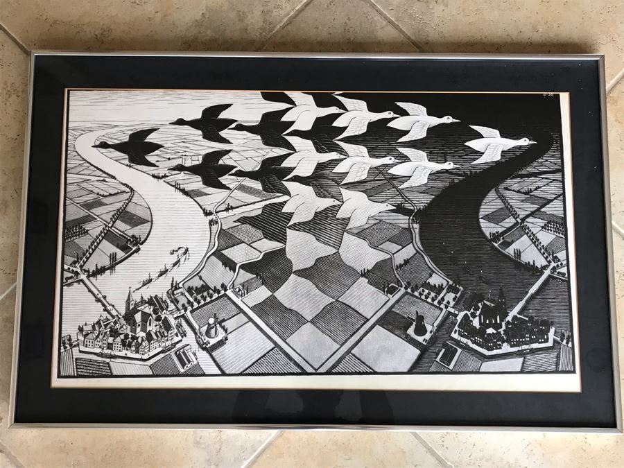 Vintage 1970 Framed M. C. Escher Poster Titled 'Day And Night / Tag Und Nacht) Publishe By G. W. Breughel Hattem Holland 32 X 19 [Photo 2]