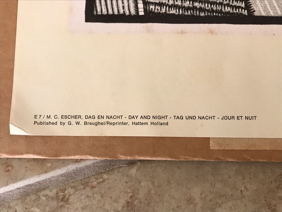 Vintage 1970 Framed M. C. Escher Poster Titled 'Day And Night / Tag Und Nacht) Publishe By G. W. Breughel Hattem Holland 32 X 19 [Photo 10]