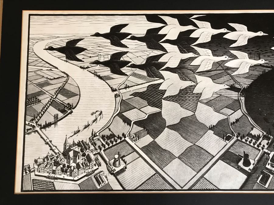 Vintage 1970 Framed M. C. Escher Poster Titled 'Day And Night / Tag Und Nacht) Publishe By G. W. Breughel Hattem Holland 32 X 19 [Photo 6]