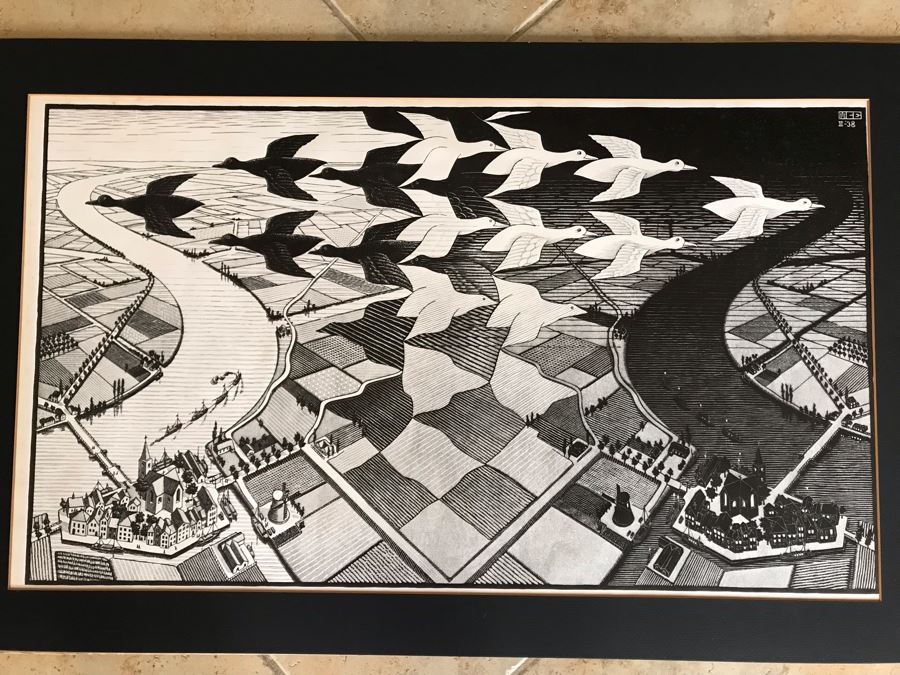 Vintage 1970 Framed M. C. Escher Poster Titled 'Day And Night / Tag Und Nacht) Publishe By G. W. Breughel Hattem Holland 32 X 19 [Photo 3]