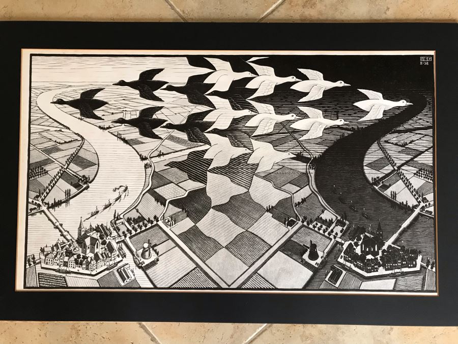 Vintage 1970 Framed M. C. Escher Poster Titled 'Day And Night / Tag Und Nacht) Publishe By G. W. Breughel Hattem Holland 32 X 19 [Photo 1]
