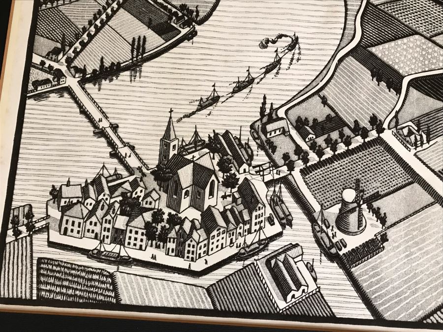 Vintage 1970 Framed M. C. Escher Poster Titled 'Day And Night / Tag Und Nacht) Publishe By G. W. Breughel Hattem Holland 32 X 19 [Photo 8]