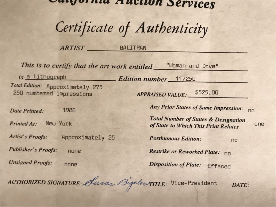 Jean Jacques Balitran Framed Hand Signed Lithograph Titled 'Woman And Dove' 11 Of 250 Appraised $525 In 1986 With Certificate Of Authenticity [Photo 17]