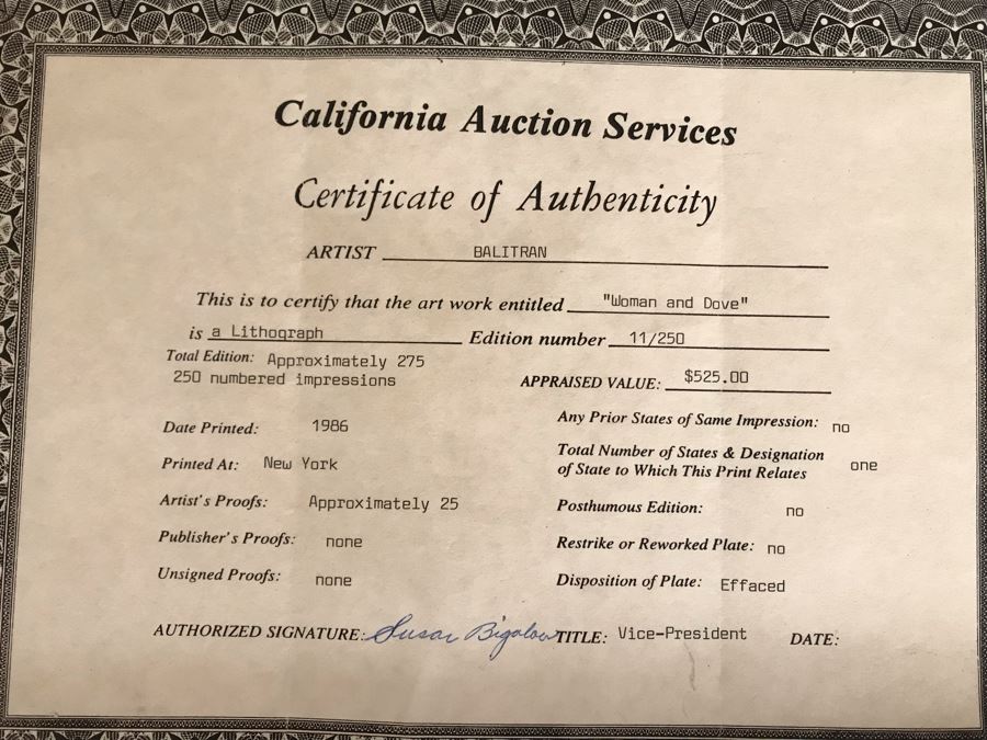 Jean Jacques Balitran Framed Hand Signed Lithograph Titled 'Woman And Dove' 11 Of 250 Appraised $525 In 1986 With Certificate Of Authenticity [Photo 16]