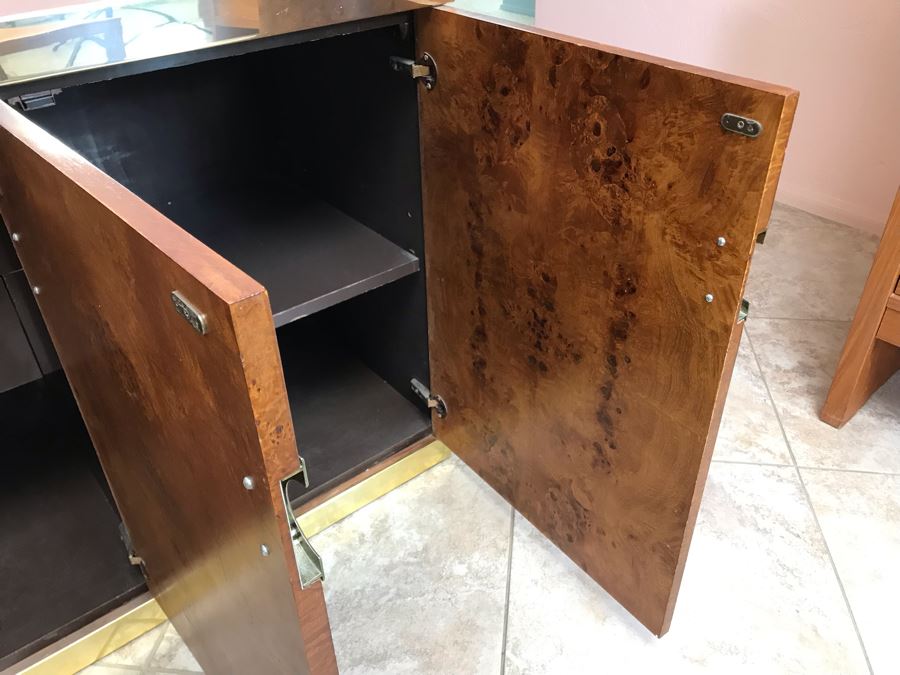 Pierre Cardin Vintage 1970s Mid-Century Modern Art Deco French Burl Walnut Buffet Bar With Built-In Ice Bucket And Hinged Mirror 'Environmental Collection' 55.5W X 20D X 30H [Photo 22]