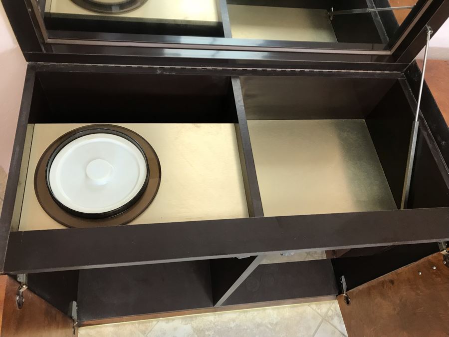 Pierre Cardin Vintage 1970s Mid-Century Modern Art Deco French Burl Walnut Buffet Bar With Built-In Ice Bucket And Hinged Mirror 'Environmental Collection' 55.5W X 20D X 30H [Photo 14]