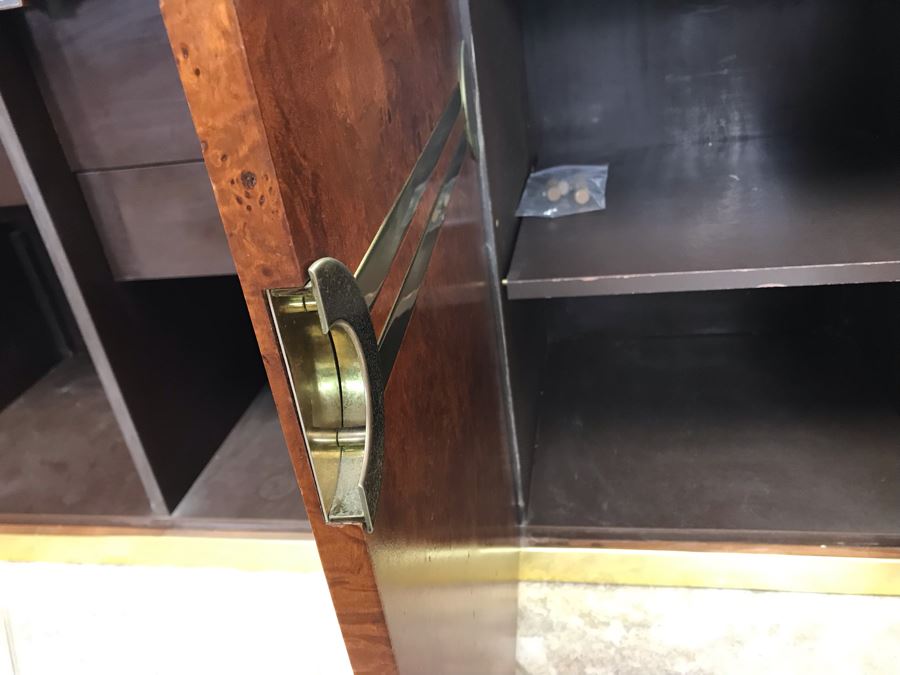 Pierre Cardin Vintage 1970s Mid-Century Modern Art Deco French Burl Walnut Buffet Bar With Built-In Ice Bucket And Hinged Mirror 'Environmental Collection' 55.5W X 20D X 30H [Photo 20]