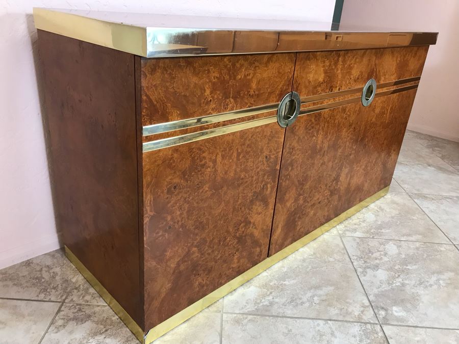 Pierre Cardin Vintage 1970s Mid-Century Modern Art Deco French Burl Walnut Buffet Bar With Built-In Ice Bucket And Hinged Mirror 'Environmental Collection' 55.5W X 20D X 30H [Photo 7]