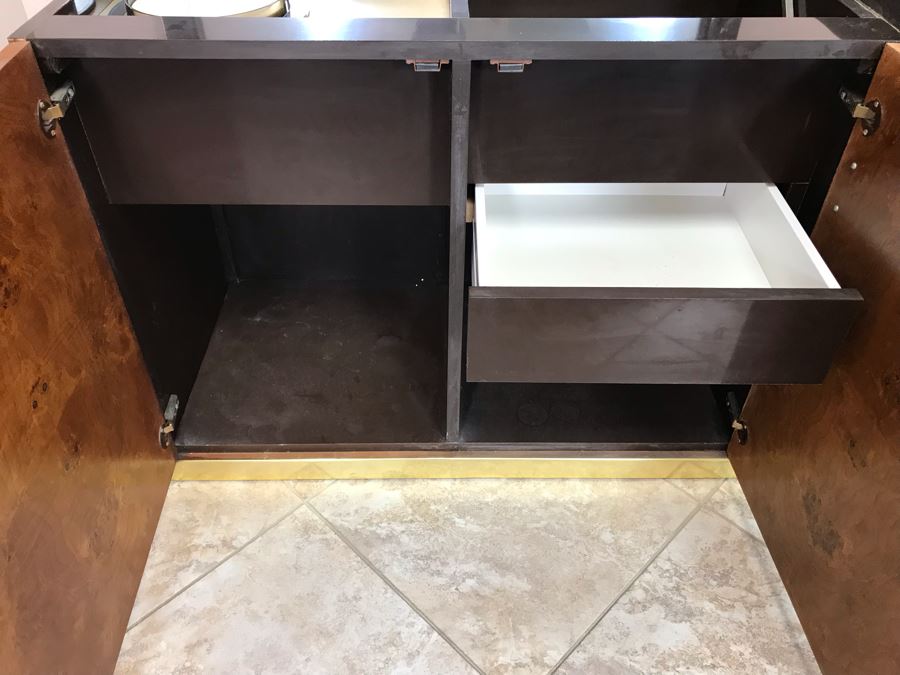 Pierre Cardin Vintage 1970s Mid-Century Modern Art Deco French Burl Walnut Buffet Bar With Built-In Ice Bucket And Hinged Mirror 'Environmental Collection' 55.5W X 20D X 30H [Photo 18]