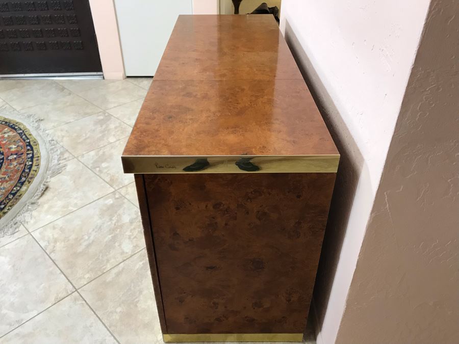 Pierre Cardin Vintage 1970s Mid-Century Modern Art Deco French Burl Walnut Buffet Bar With Built-In Ice Bucket And Hinged Mirror 'Environmental Collection' 55.5W X 20D X 30H [Photo 11]