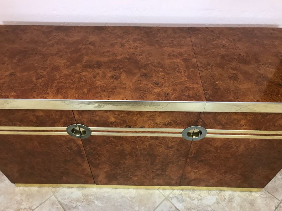 Pierre Cardin Vintage 1970s Mid-Century Modern Art Deco French Burl Walnut Buffet Bar With Built-In Ice Bucket And Hinged Mirror 'Environmental Collection' 55.5W X 20D X 30H [Photo 25]