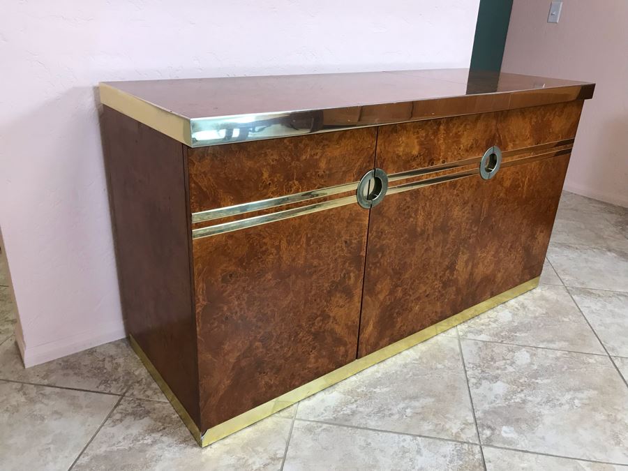 Pierre Cardin Vintage 1970s Mid-Century Modern Art Deco French Burl Walnut Buffet Bar With Built-In Ice Bucket And Hinged Mirror 'Environmental Collection' 55.5W X 20D X 30H [Photo 8]