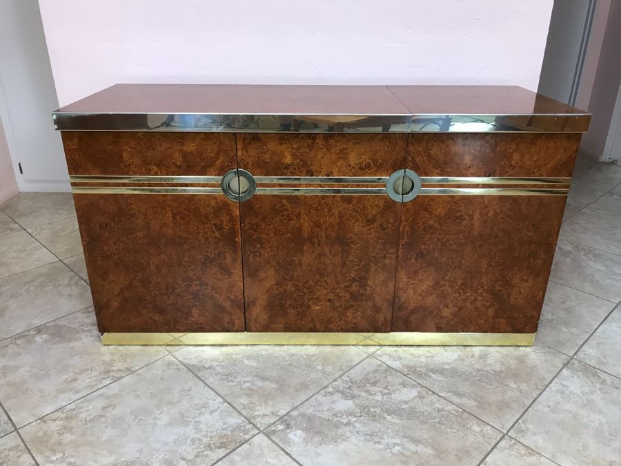 Pierre Cardin Vintage 1970s Mid-Century Modern Art Deco French Burl Walnut Buffet Bar With Built-In Ice Bucket And Hinged Mirror 'Environmental Collection' 55.5W X 20D X 30H [Photo 5]