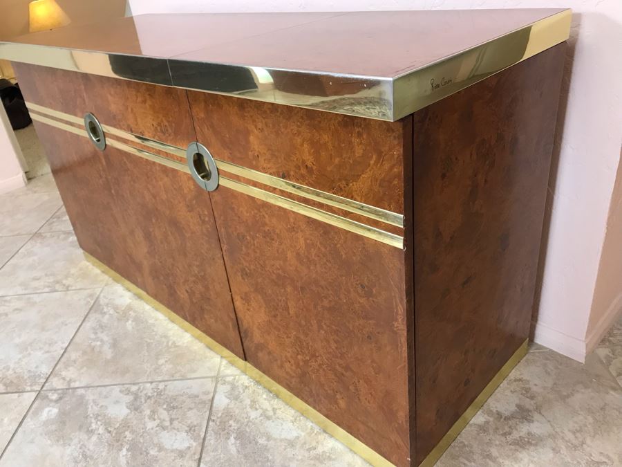 Pierre Cardin Vintage 1970s Mid-Century Modern Art Deco French Burl Walnut Buffet Bar With Built-In Ice Bucket And Hinged Mirror 'Environmental Collection' 55.5W X 20D X 30H [Photo 27]
