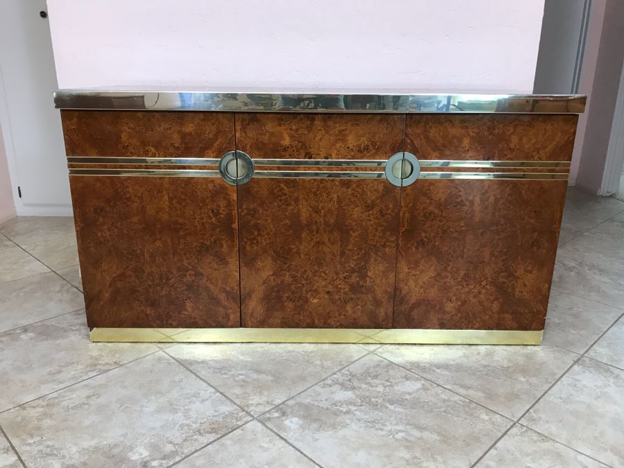 Pierre Cardin Vintage 1970s Mid-Century Modern Art Deco French Burl Walnut Buffet Bar With Built-In Ice Bucket And Hinged Mirror 'Environmental Collection' 55.5W X 20D X 30H [Photo 4]