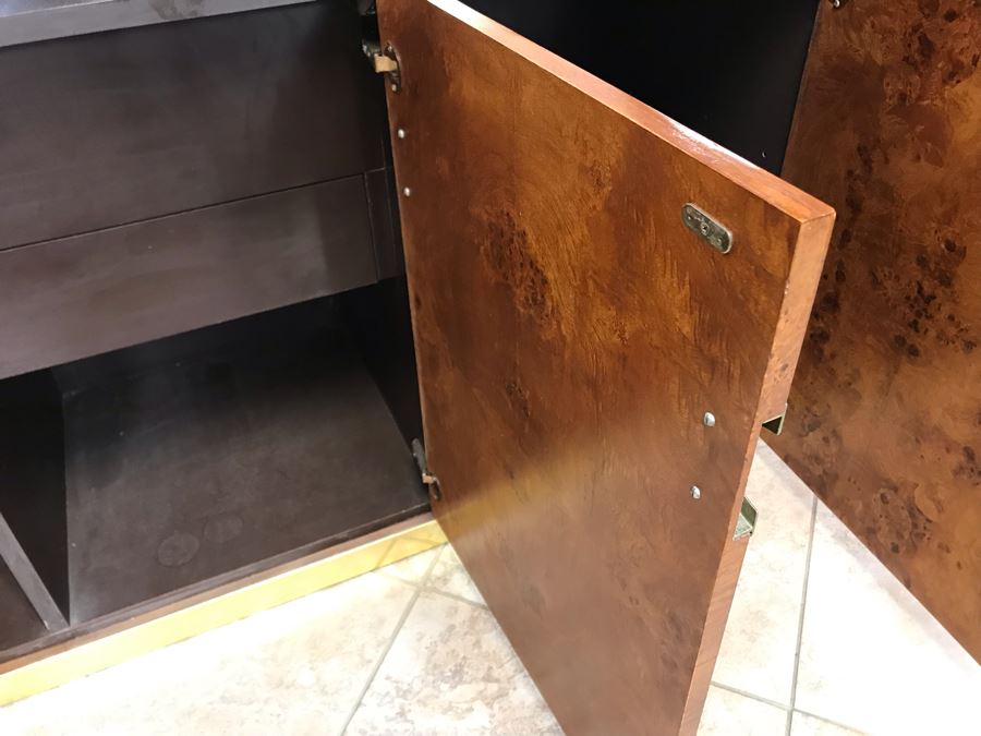 Pierre Cardin Vintage 1970s Mid-Century Modern Art Deco French Burl Walnut Buffet Bar With Built-In Ice Bucket And Hinged Mirror 'Environmental Collection' 55.5W X 20D X 30H [Photo 21]