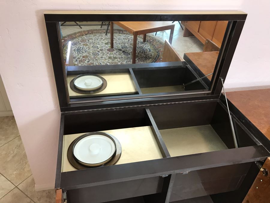 Pierre Cardin Vintage 1970s Mid-Century Modern Art Deco French Burl Walnut Buffet Bar With Built-In Ice Bucket And Hinged Mirror 'Environmental Collection' 55.5W X 20D X 30H [Photo 13]