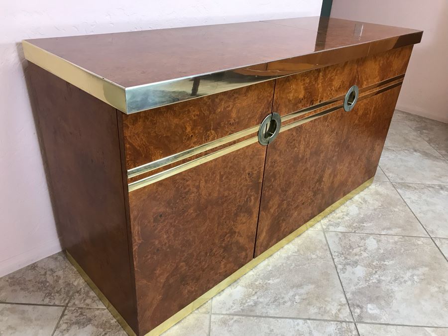 Pierre Cardin Vintage 1970s Mid-Century Modern Art Deco French Burl Walnut Buffet Bar With Built-In Ice Bucket And Hinged Mirror 'Environmental Collection' 55.5W X 20D X 30H [Photo 6]
