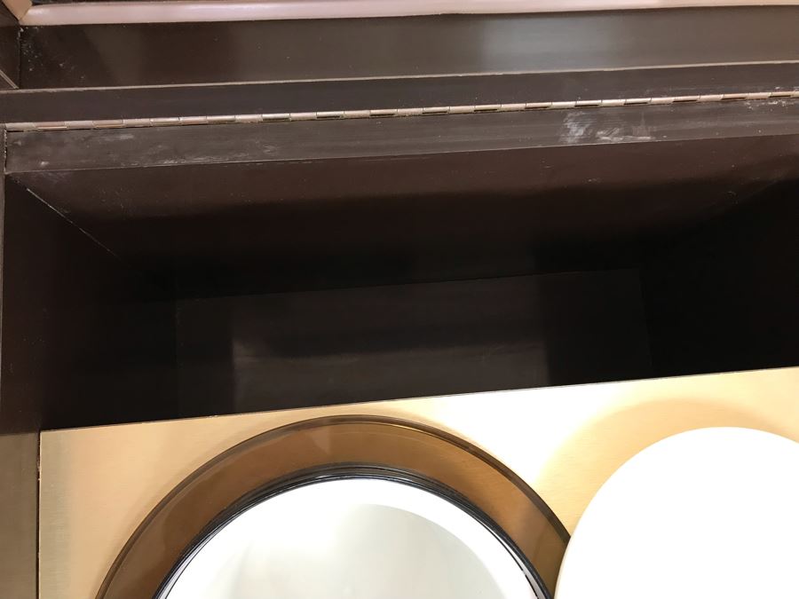 Pierre Cardin Vintage 1970s Mid-Century Modern Art Deco French Burl Walnut Buffet Bar With Built-In Ice Bucket And Hinged Mirror 'Environmental Collection' 55.5W X 20D X 30H [Photo 17]