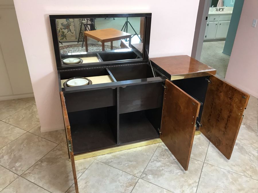 Pierre Cardin Vintage 1970s Mid-Century Modern Art Deco French Burl Walnut Buffet Bar With Built-In Ice Bucket And Hinged Mirror 'Environmental Collection' 55.5W X 20D X 30H [Photo 2]