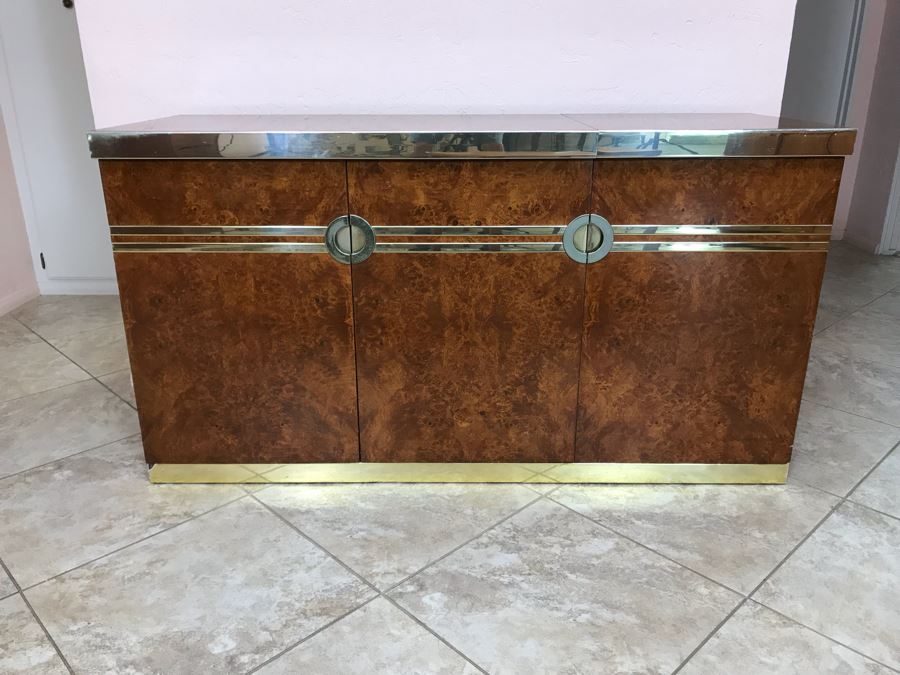 Pierre Cardin Vintage 1970s Mid-Century Modern Art Deco French Burl Walnut Buffet Bar With Built-In Ice Bucket And Hinged Mirror 'Environmental Collection' 55.5W X 20D X 30H [Photo 3]