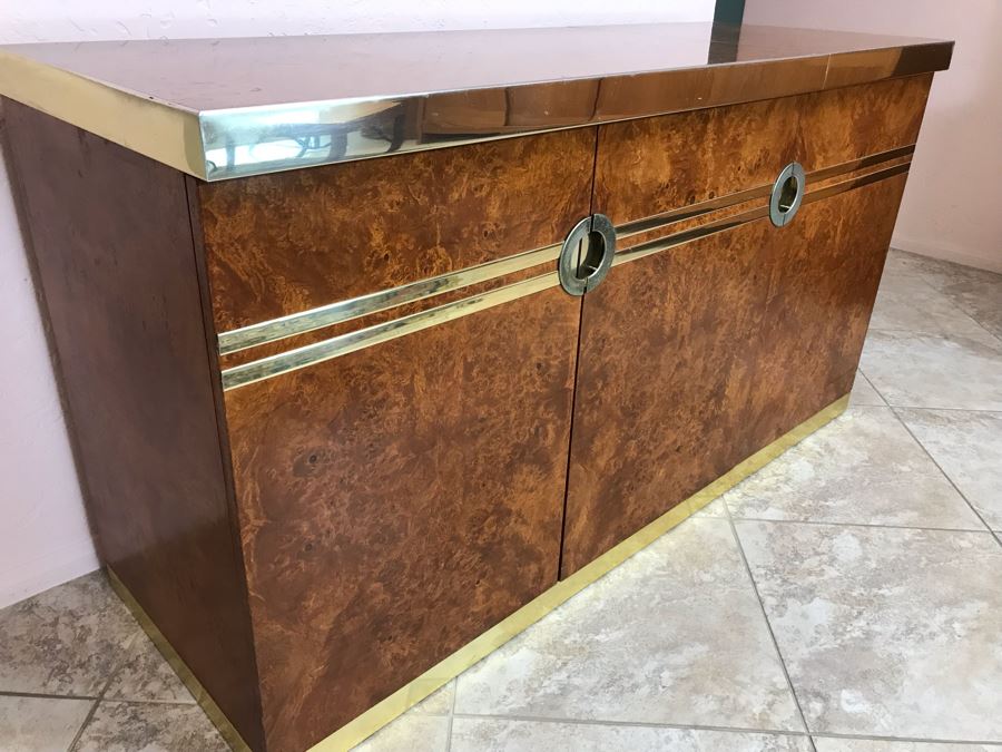 Pierre Cardin Vintage 1970s Mid-Century Modern Art Deco French Burl Walnut Buffet Bar With Built-In Ice Bucket And Hinged Mirror 'Environmental Collection' 55.5W X 20D X 30H [Photo 26]