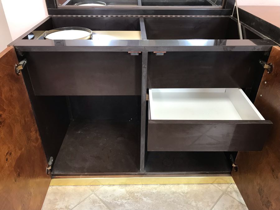 Pierre Cardin Vintage 1970s Mid-Century Modern Art Deco French Burl Walnut Buffet Bar With Built-In Ice Bucket And Hinged Mirror 'Environmental Collection' 55.5W X 20D X 30H [Photo 19]