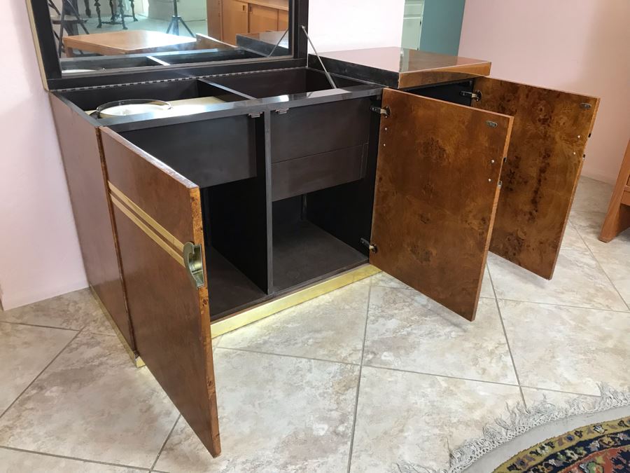 Pierre Cardin Vintage 1970s Mid-Century Modern Art Deco French Burl Walnut Buffet Bar With Built-In Ice Bucket And Hinged Mirror 'Environmental Collection' 55.5W X 20D X 30H [Photo 12]