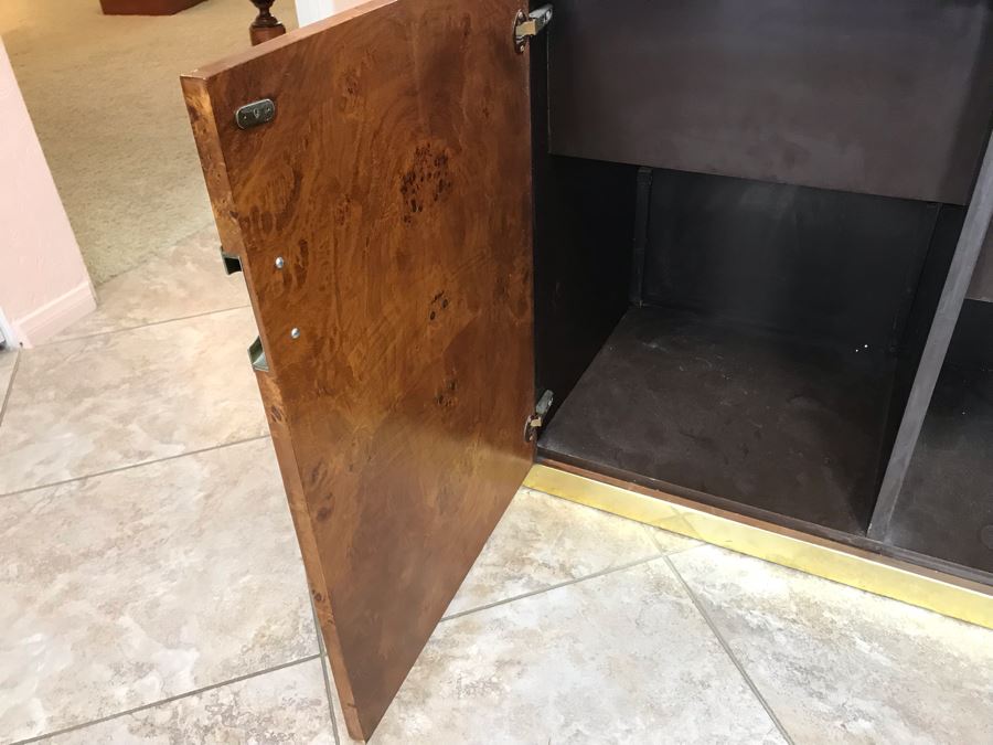 Pierre Cardin Vintage 1970s Mid-Century Modern Art Deco French Burl Walnut Buffet Bar With Built-In Ice Bucket And Hinged Mirror 'Environmental Collection' 55.5W X 20D X 30H [Photo 23]