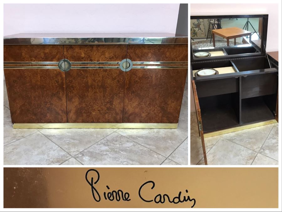 Pierre Cardin Vintage 1970s Mid-Century Modern Art Deco French Burl Walnut Buffet Bar With Built-In Ice Bucket And Hinged Mirror 'Environmental Collection' 55.5W X 20D X 30H [Photo 1]