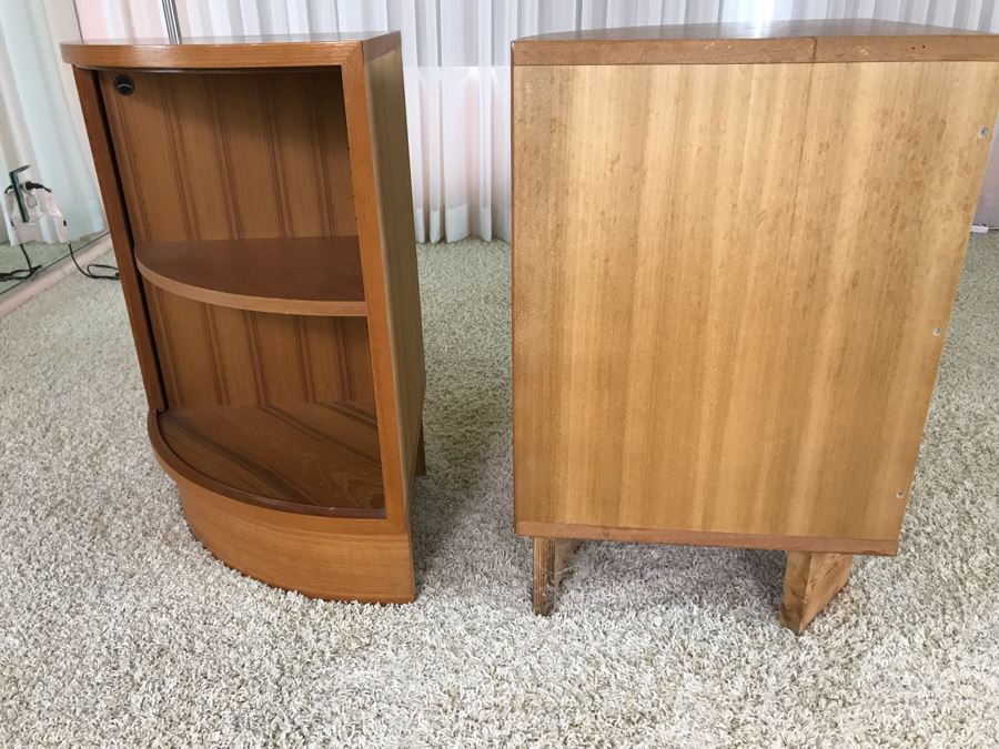 Pair Of Danish Modern Corner Cabinets With Tambour Accordion Sliding Pocket Doors By Hundevad 17W X 17D X 26H [Photo 17]