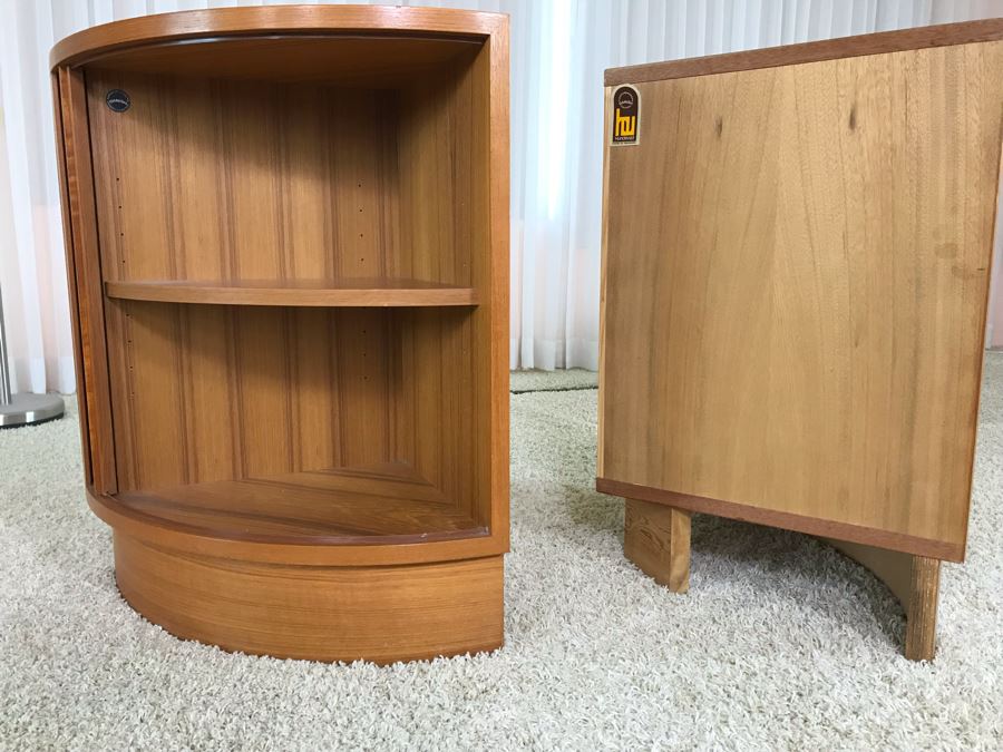 Pair Of Danish Modern Corner Cabinets With Tambour Accordion Sliding Pocket Doors By Hundevad 17W X 17D X 26H [Photo 15]