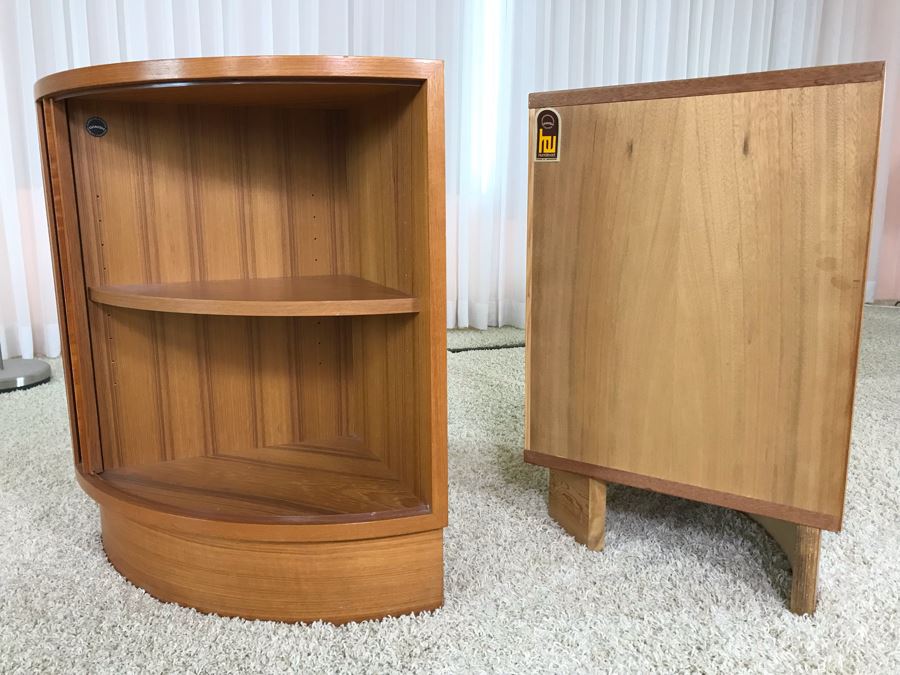 Pair Of Danish Modern Corner Cabinets With Tambour Accordion Sliding ...