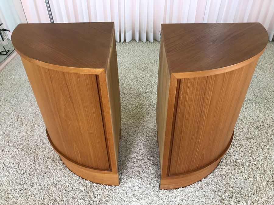 Pair Of Danish Modern Corner Cabinets With Tambour Accordion Sliding Pocket Doors By Hundevad 17W X 17D X 26H [Photo 9]