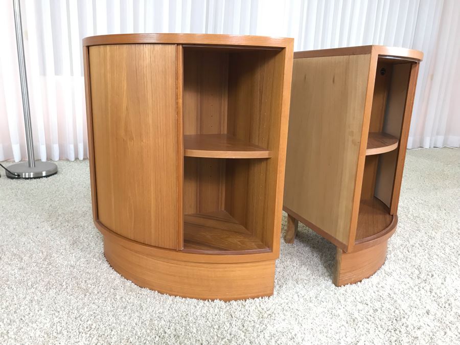 Pair Of Danish Modern Corner Cabinets With Tambour Accordion Sliding Pocket Doors By Hundevad 17W X 17D X 26H [Photo 3]