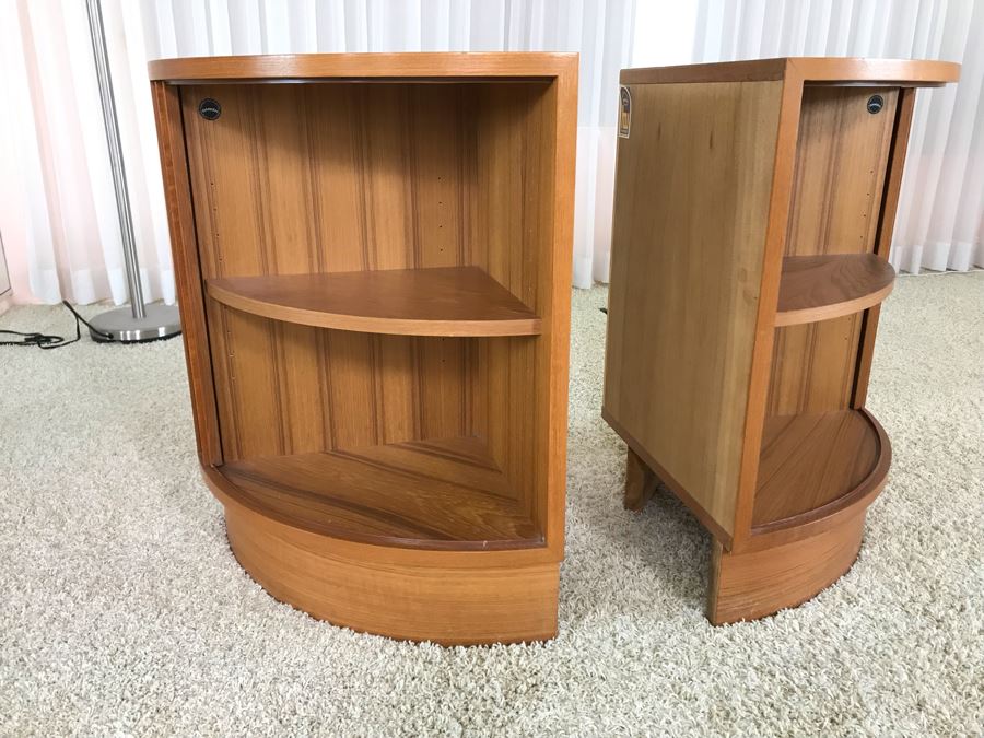 Pair Of Danish Modern Corner Cabinets With Tambour Accordion Sliding Pocket Doors By Hundevad 17W X 17D X 26H [Photo 2]