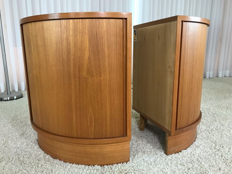 Pair Of Danish Modern Corner Cabinets With Tambour Accordion Sliding Pocket Doors By Hundevad 17W X 17D X 26H [Photo 6]