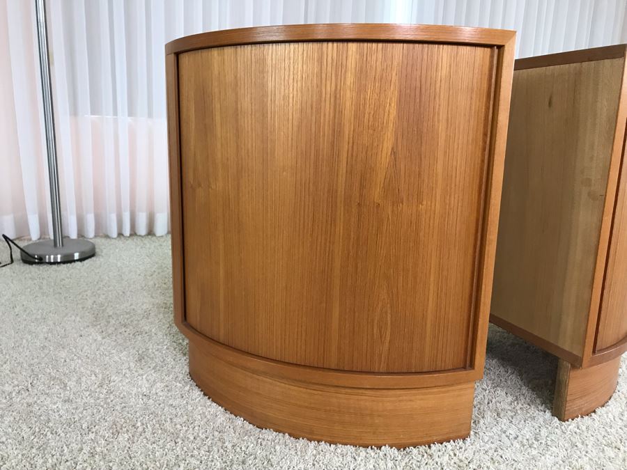 Pair Of Danish Modern Corner Cabinets With Tambour Accordion Sliding Pocket Doors By Hundevad 17W X 17D X 26H [Photo 8]